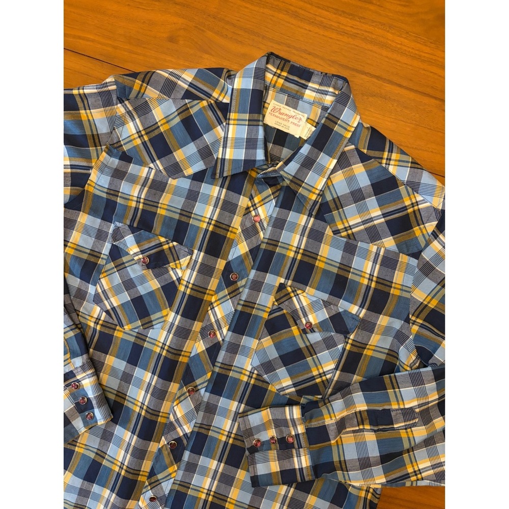 Vintage Wrangler Western Pearl Snap Shirt Mens XL 17.5 Plaid Long Tail 70s USA